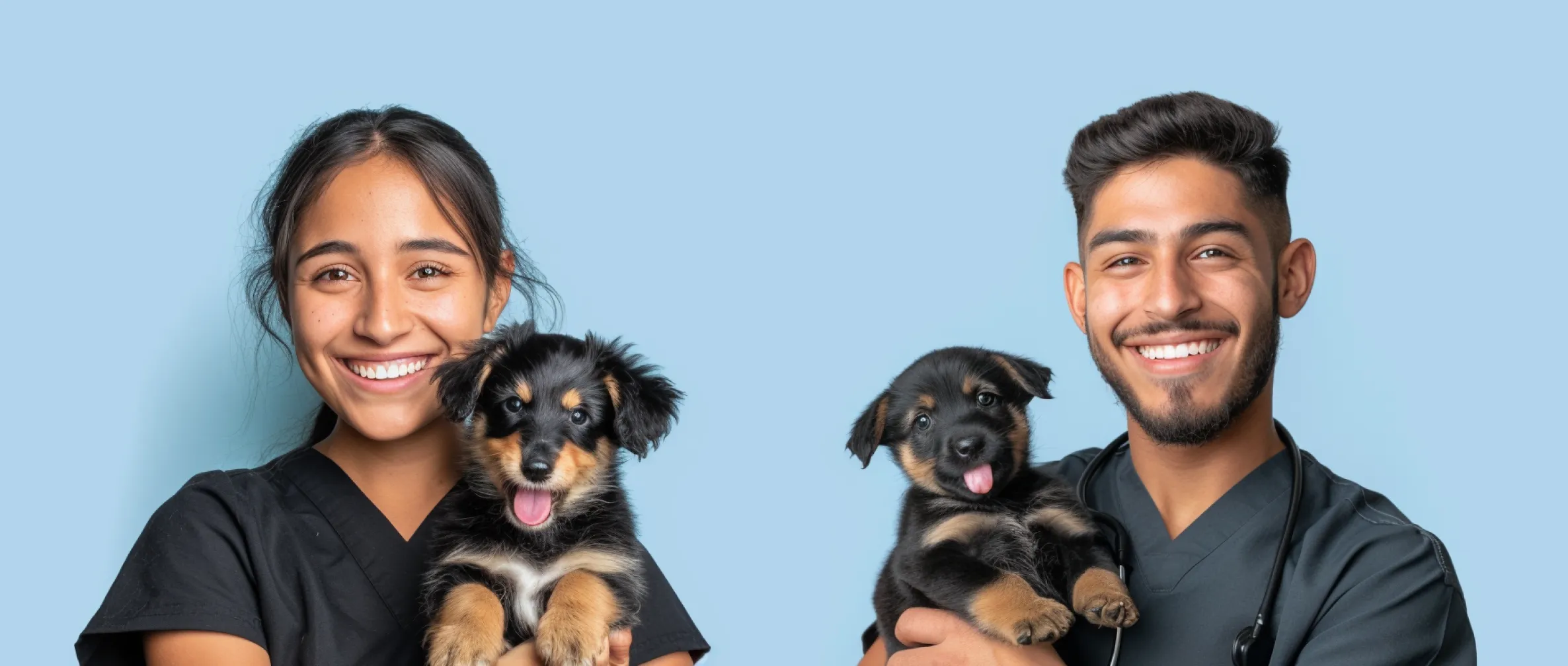 Smiling veterinarian embracing a friendly dog